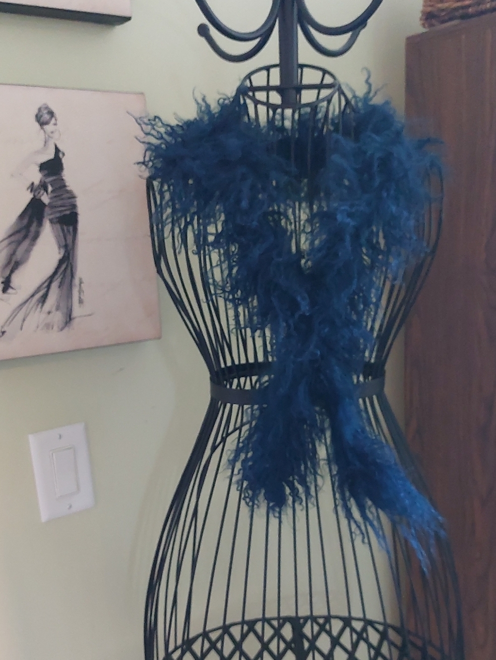 JACOB, Plush 100% Wool Feather Boa in Teal Blue Color.